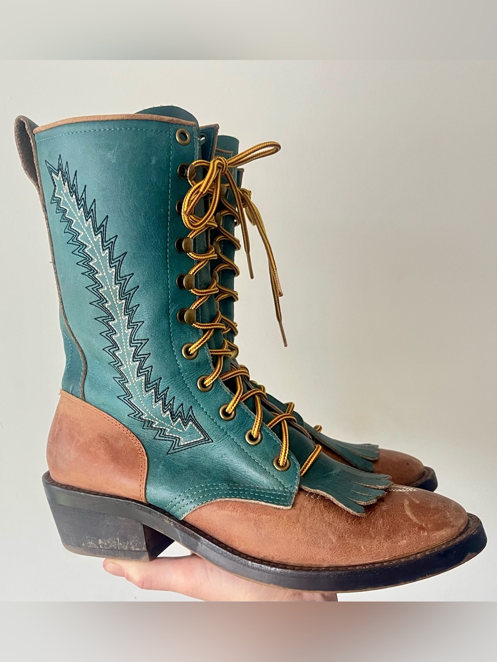 Laredo Teal & Tan Embroidered Leather Lace-up Kiltie Western Boots